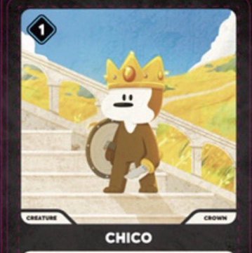 A digital trading card featuring a crowned cartoon character named "CHICO" with a cost of 1 in the top-left corner, labeled as a "CREATURE" with "CROWN" traits. The card belongs to the Doginal Dogs collection, which explains the post celebrating acquiring this rare Chico card NFT to their digital wallet.