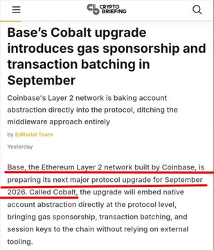 A news article screenshot from CryptoBriefing with the headline "Base's Cobalt upgrade introduces gas sponsorship and transaction batching in September," dated September 2025, mentioning Base as an Ethereum Layer 2 network built by Coinbase—providing context to the post about a potential $BASE token and airdrop in 2027, since the Cobalt upgrade represents Base's technical progression through decentralization stages.