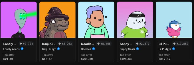 A screenshot of NFT top offer listings featuring 'Lonely Aliens' (#9,704, $21.91), 'Kaiju Kingz' (#8,203, $18.56), 'Doodles' (#8,455, $791.39), 'Sappy Seals' (#2,877, $128.63), and 'Lil Pudgys' (#13,882, $817.17).