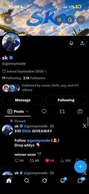 Mobile screenshot of the 'sk' (@gennymode) social media profile showing 71 Following and 2.1K Followers, featuring a pinned '$10 SOL GIVEAWAY' post asking followers to follow @gennymode and drop addresses.