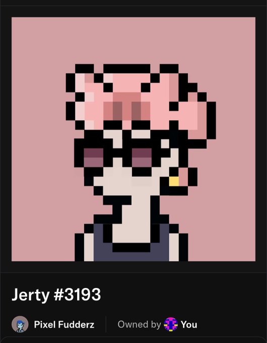 The image is a pixel art NFT profile of "Jerty #3193" from the Pixel Fudderz collection, depicting a character with a pink piggy head wearing dark red glasses against a pink background, matching the post's mention of rare Piggy Headgear and Dark Red Glasses traits.