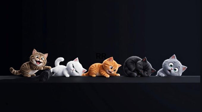 Five animated cartoon kittens in various poses (playing, resting, sleeping, and peeking) are lined up against a dark background with 'RP' text visible.