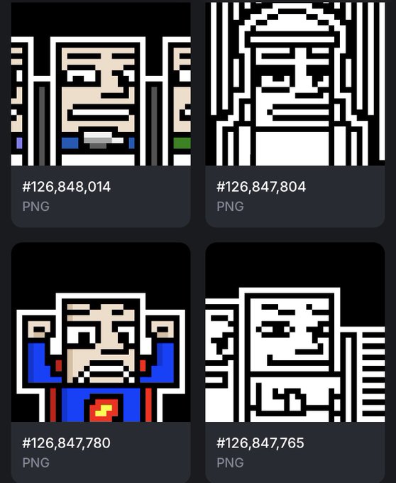 A grid of four pixel art PNG images with numbers #126,848,014, #126,847,804, #126,847,780, and #126,847,765, depicting stylized faces and figures in black, white, and blue.