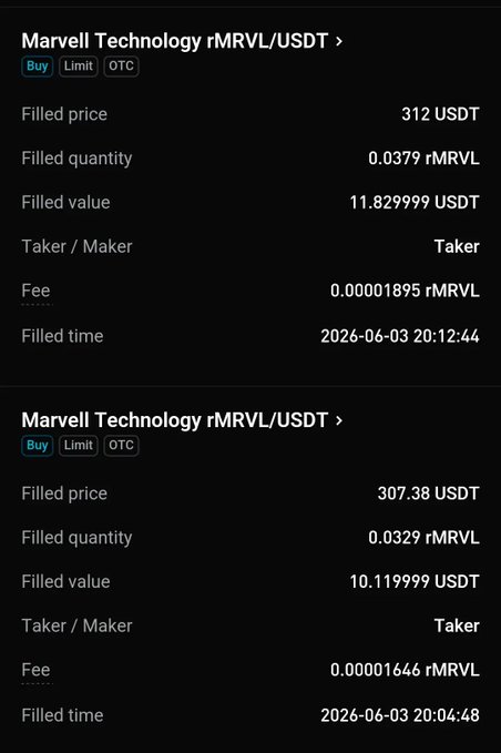 A cryptocurrency trading app showing two filled buy orders for Marvell Technology (rMRVL/USDT) executed on June 3, 2026, at prices of 312 USDT and 307.38 USDT.