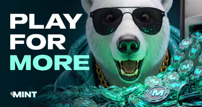 An advertisement featuring a bear mascot wearing sunglasses and gold chains surrounded by coins, with the text 'PLAY FOR MORE' and the 'MINT' logo.