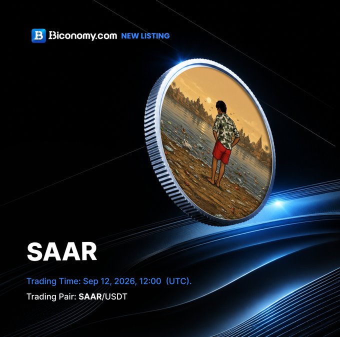 Promotional graphic from Bconomy.com announcing a new listing for the SAAR/USDT trading pair, with trading scheduled to begin on September 12, 2026 at 12:00 (UTC), featuring an artistic coin design showing a figure on a beach.