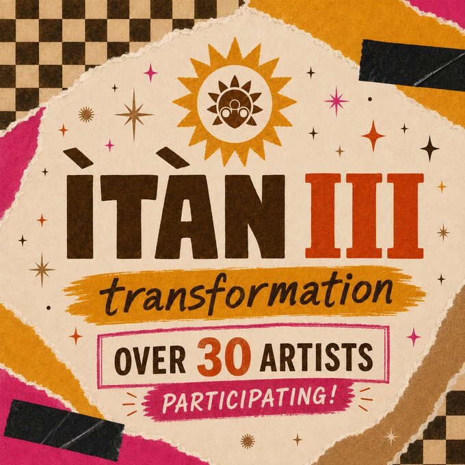 A promotional graphic for "ÍTÁN III transformation" featuring a sun icon and text noting "OVER 30 ARTISTS PARTICIPATING!" on a textured, collage-style background.