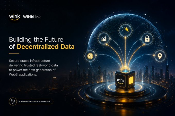 A WINkLink promotional graphic titled 'Building the Future of Decentralized Data' describing secure oracle infrastructure, with 'POWERING THE TRON ECOSYSTEM' badge.