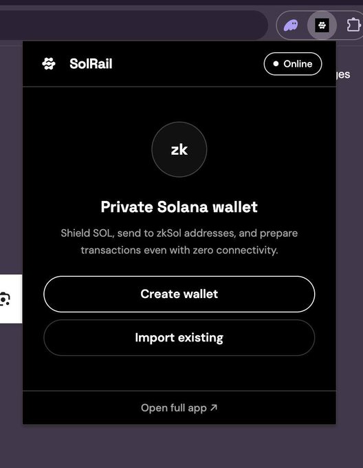 Screenshot of the 'SolRail' app interface showing a 'Private Solana wallet' setup screen with options to 'Create wallet' or 'Import existing,' and the description 'Shield SOL, send to zkSol addresses, and prepare transactions even with zero connectivity.'
