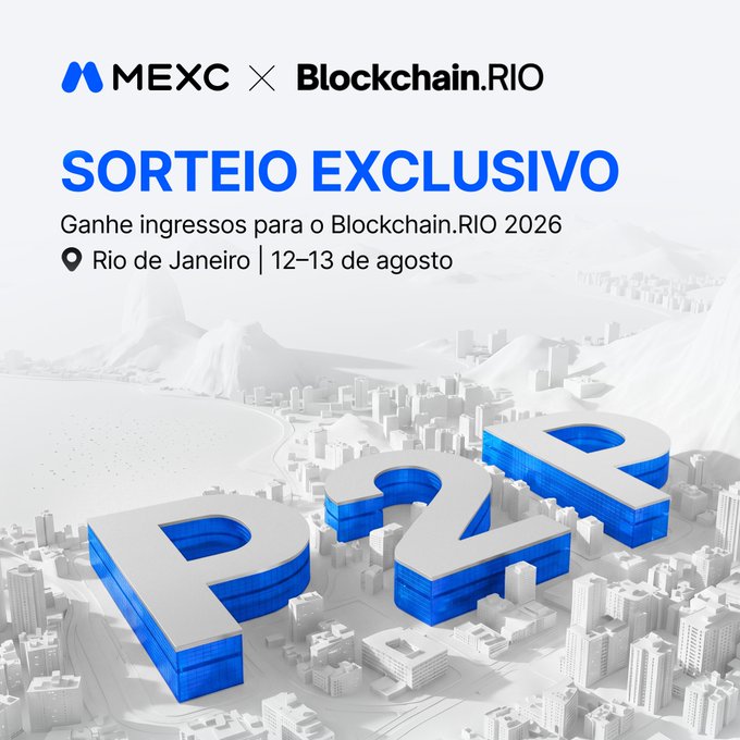 MEXC partners with Blockchain.RIO for an exclusive giveaway, offering tickets to the August 12-13, 2026 event in Rio de Janeiro, featuring large 3D "RIO" letters over a grayscale cityscape. The promotional post invites users to follow, like, and retweet for a chance to win.