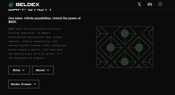 A section of the Beldex website describing $BDX as 'One token. Infinite possibilities,' explaining its role in privacy-centered decentralized applications.