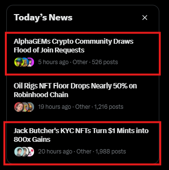 A dark-themed digital interface titled 'Today's News' listing headlines, with two highlighted by red boxes: 'AlphaGEMS Crypto Community Draws Flood of Join Requests' and 'Jack Butcher's KYC NFTs Turn $1 Mints into 800x Gains'.