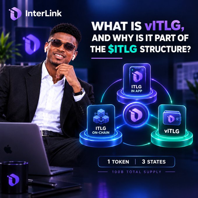 A promotional graphic featuring InterLink's logo and a man at a desk with a laptop, posing the headline question "WHAT IS vITLG, AND WHY IS IT PART OF THE $ITLG STRUCTURE?" alongside a diagram showing "1 TOKEN | 3 STATES" connecting three icons: ITLG IN APP, ITLG ON-CHAIN, and vITLG, with "100B TOTAL SUPPLY" noted below.