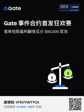 A promotional banner for Gate.io's first Event Contract Carnival, featuring a $50,000 prize pool and a chance to win 10,000 USDT by registering with code VFEVVWTYCA, aligning with the post's mention of trying out a new Event Contract playstyle on @Gate to avoid getting shaken out by volatility.