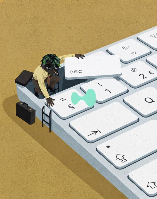 An illustration shows a small figure with green leaves on their head emerging from a computer keyboard, lifting the 'esc' key.