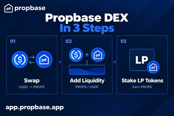 An infographic titled "Propbase DEX In 3 Steps" outlines the process of using the platform: Step 01 Swap (USDC → PROPS), Step 02 Add Liquidity (PROPS/USDC), and Step 03 Stake LP Tokens (Earn PROPS), directing users to app.propbase.app.