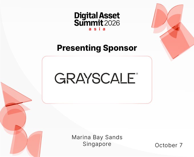 A promotional graphic for the 'Digital Asset Summit 2026 asia' at Marina Bay Sands, Singapore on October 7, featuring Grayscale as the 'Presenting Sponsor'.