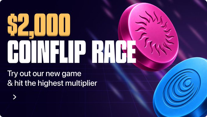 A promotional banner for a "$2,000 COINFLIP RACE" featuring pink and blue coins, inviting users to "Try out our new game & hit the highest multiplier" for a chance to win prizes through a race and social media giveaway.