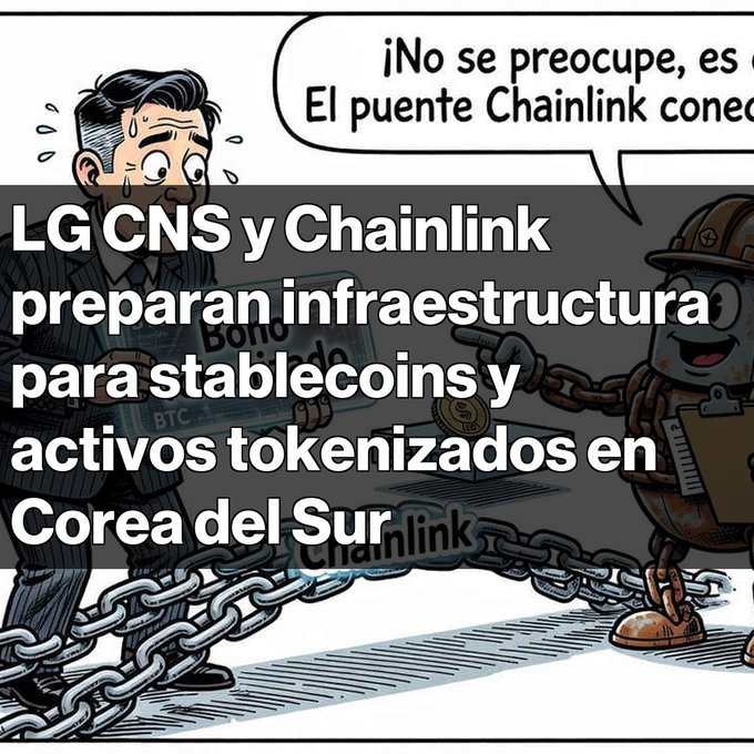 A cartoon-style news graphic depicts cryptocurrency infrastructure, overlaid with the Spanish headline: “LG CNS y Chainlink preparan infraestructura para stablecoins y activos tokenizados en Corea del Sur.”
