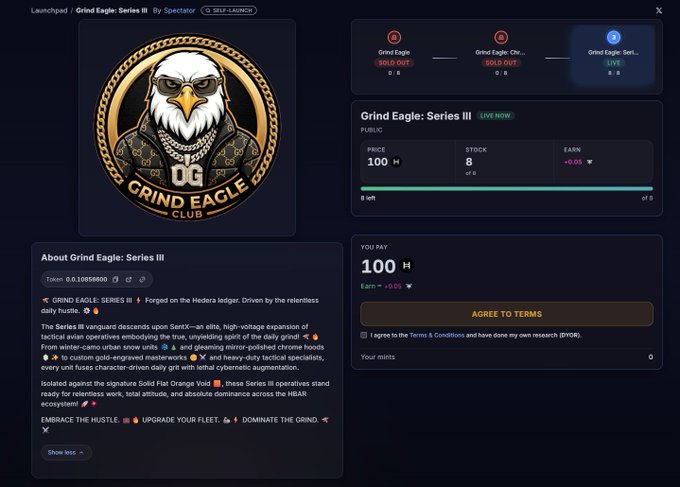 A launchpad page for 'Grind Eagle: Series III' featuring an eagle NFT, a project description, and terms to pay 100 H (HBAR) tokens.