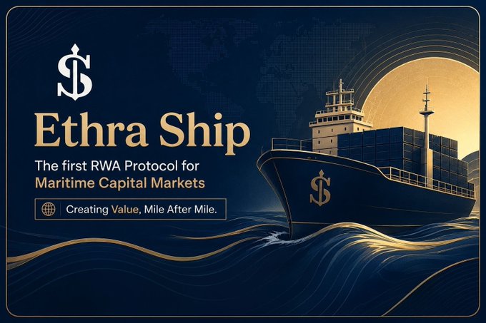 A promotional graphic for 'Ethra Ship', described as 'The first RWA Protocol for Maritime Capital Markets' with the tagline 'Creating Value, Mile After Mile', featuring an illustration of a cargo ship.
