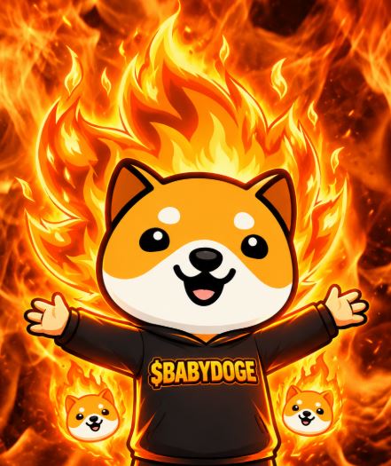 A cartoon Shiba Inu character wearing a black hoodie reading "$BABYDOGE" stands in front of bright orange flames with smaller matching Shiba characters nearby.