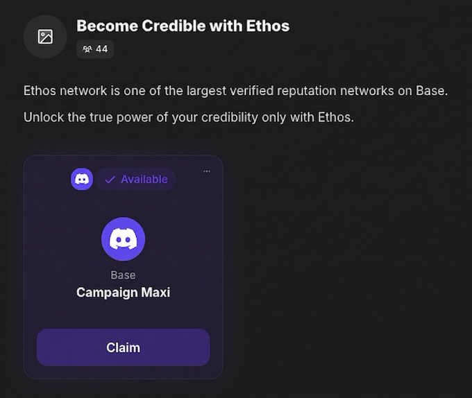 A screenshot showing a promotional post for 'Become Credible with Ethos' on the Base network, featuring a 'Claim' button for a Campaign Maxi with a Discord icon and 'Available' badge.