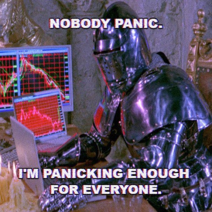 A meme featuring a knight in shining armor looking at multiple financial charts displaying downward trending lines, with the text 'NOBODY PANIC. I'M PANICKING ENOUGH FOR EVERYONE.'