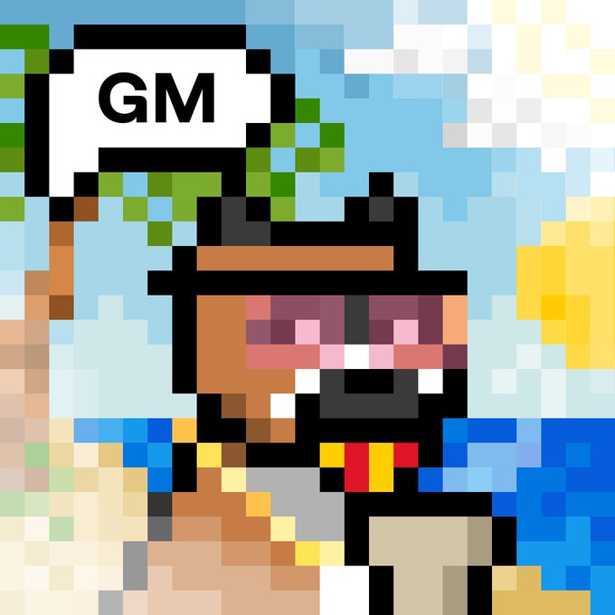 A pixel art image showing a character wearing an orange hat and a green plant, with a speech bubble reading 'GM'.