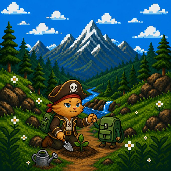 A pixel art scene depicts a cat pirate with a skull-emblazoned hat planting a sapling in a lush mountain valley, accompanied by an anthropomorphic green backpack and a watering can.