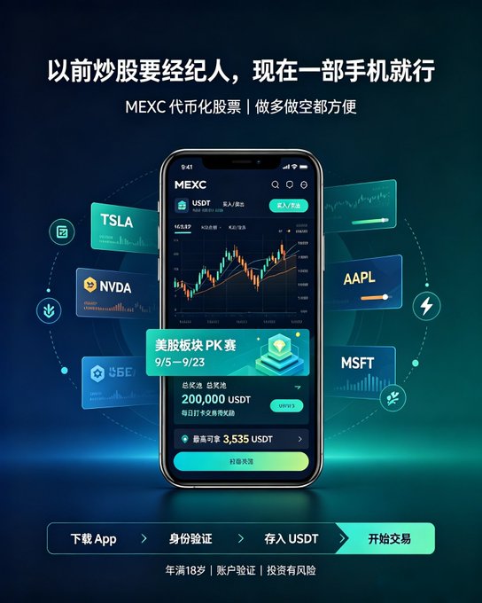 A Chinese promotional advertisement for the MEXC cryptocurrency app showing a smartphone displaying a trading interface with stock tickers TSLA, NVDA, AAPL, and MSFT, with text promoting tokenized stocks (代币化股票) trading.