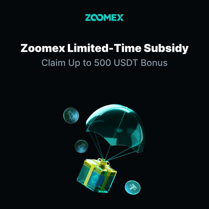 The image features a gift box with a parachute falling from above, accompanied by bubbles floating around it. The text in the image reads "Zoomex Limited-Time Subsidy Claim Up To 500 USDT Bonus i.zoomex.com/29sSMabY⁠ Got liquidated? Submit your record and claim: Up to  300 USDT for liquidation proof Up to  200 USDT extra by trading Max 3 claims per user Ends Jun 30". The bubbles are floating around the gift box, adding a sense of movement and excitement.