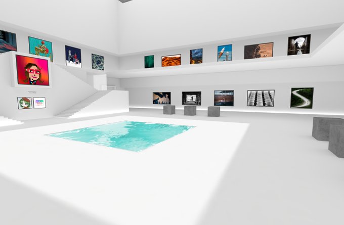 A minimalist virtual gallery space displaying colorful NFT artworks along the walls and on pedestals, with a turquoise water-like installation on the white floor, reflecting the curator's showcase of 42 selected works from @0xMQQ across ETH, Solana, and Tezos blockchains.