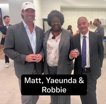Three people pose together indoors with a label reading 'Matt, Yaeunda & Robbie'.