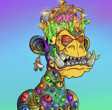 The image features a cartoon monkey wearing a crown, which has been transformed into a crown of jewels. The monkey's face is painted with green goo, giving it an evil or demonic appearance. Surrounding the monkey are multiple eyes, adding to its creepy and unsettling look. In addition to the eyes, there are four other eyes on the monkey's body, further enhancing the eerie atmosphere. The background of the image is a gradient of blue and purple colors, which complements the overall theme of the cartoon character. The post includes text that reads "The 6ths Big Prize the Mutants gave to me 10 Mutant Grails With 4 completely naked grails For only 0.036 SOL Each".