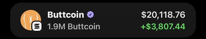 A cryptocurrency display widget showing 'Buttcoin' priced at $20,118.76 with a +$3,807.44 gain, holding 1.9M Buttcoin.