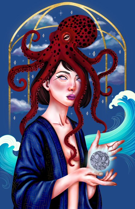 A surreal illustration depicts a woman with an octopus head, wearing a blue kimono, holding a silver coin against a backdrop of waves and a starry sky.