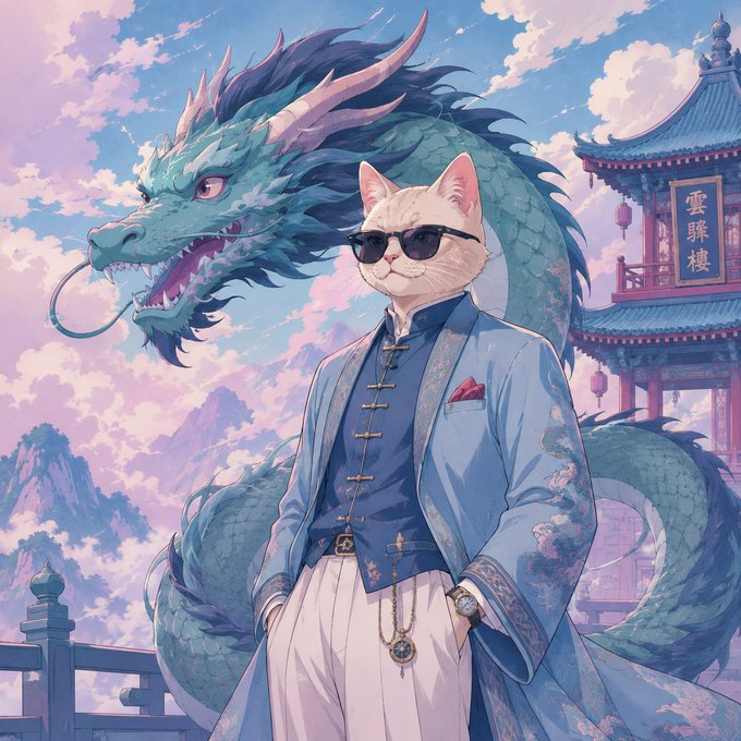 A stylish cat wearing sunglasses, a blue embroidered robe, and a pocket square stands confidently before a majestic teal Eastern dragon, with a pagoda displaying Chinese characters "雲騰樓" in the background. The image embodies the "gm trenches" sentiment by pairing high-culture, mythical sophistication with a nonchalant, sunglasses-wearing cool—a mix of ancient lore and modern trading-floor swagger to start the day.