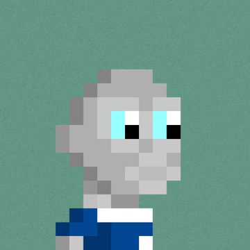A pixel art rendering of an elderly character with gray hair, large cyan eyes, and a blue outfit against a greenish-gray background.