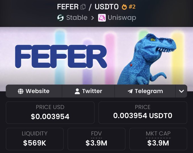 The image shows a DEX trading page for the FEFER/USDT0 token pair on Uniswap, displaying a blue dinosaur mascot, a price of $0.003954, liquidity of $569K, and an FDV/market cap of $3.9M.

The chart reinforces the post's point about $FEFER being a promising meme token beyond just speculation—showing it already has tangible on-chain metrics (nearly $570K liquidity) and a recognizable brand identity with its dinosaur mascot, suggesting the kind of cultural recognition and community presence that helps a meme coin gain traction on chains like Stable.