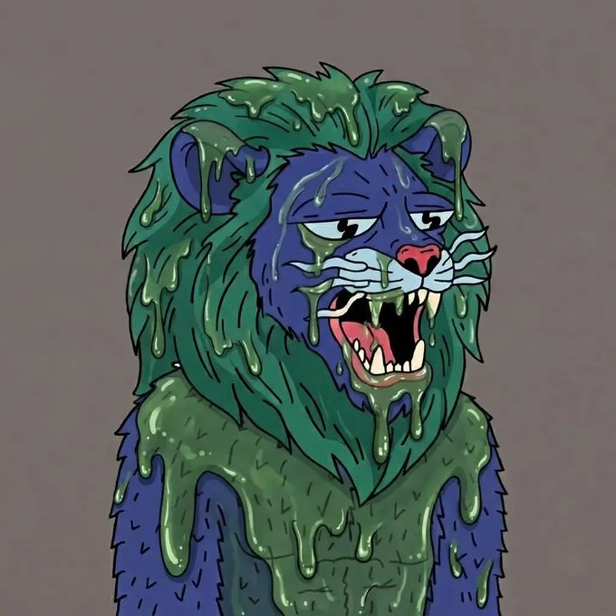 An illustrated blue and green lion-like creature with a dripping, melting appearance roars with bared teeth against a gray background.