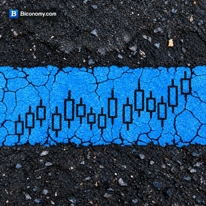 A BIconomy.com branded image featuring a blue painted candlestick chart design on cracked asphalt.
