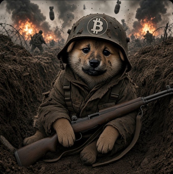 AI-generated image of a puppy dressed as a WWII soldier in a helmet with a Bitcoin logo, holding a rifle in a muddy trench amid explosions.