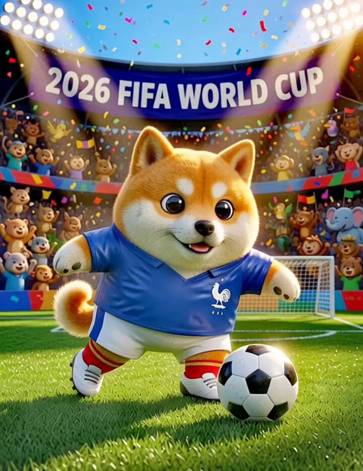 The image features a cartoon dog dressed as a soccer player, kicking a soccer ball across a field with a crowd of stuffed animals watching from behind him. The text "TEAM $SHIBU" can be seen near the bottom right corner of the image.