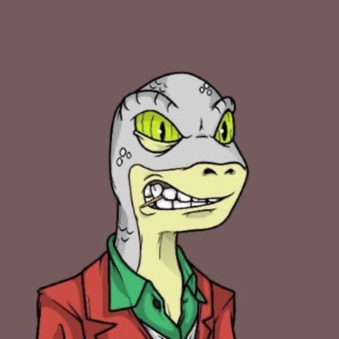 The image shows a cartoon dinosaur wearing a red jacket and green shirt, styled as a "Distracted Boyfriend" meme with a smug, scheming grin and an unlit cigarette in its mouth. The post praising the "best account that ever entered web3" suggests this chaotic, reptilian character represents the unpredictable and famously untrustworthy nature of that account.