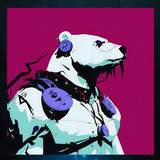 The image features an illustration of a white bear with purple accents, wearing a black belt and holding a gun. The background color is pink, which contrasts with the bear's white fur. There are also two small circles on the bear's chest. The caption reads "Is this a hint from Pyth that the markets will go up in June? What do you think the chances are?" This suggests that someone might be referencing an article or post about the stock market and its predictions, possibly using the bear illustration as a visual representation of the concept. However, without more information on the content of the caption, it is difficult to determine if this is a genuine statement or just a creative interpretation by the artist.