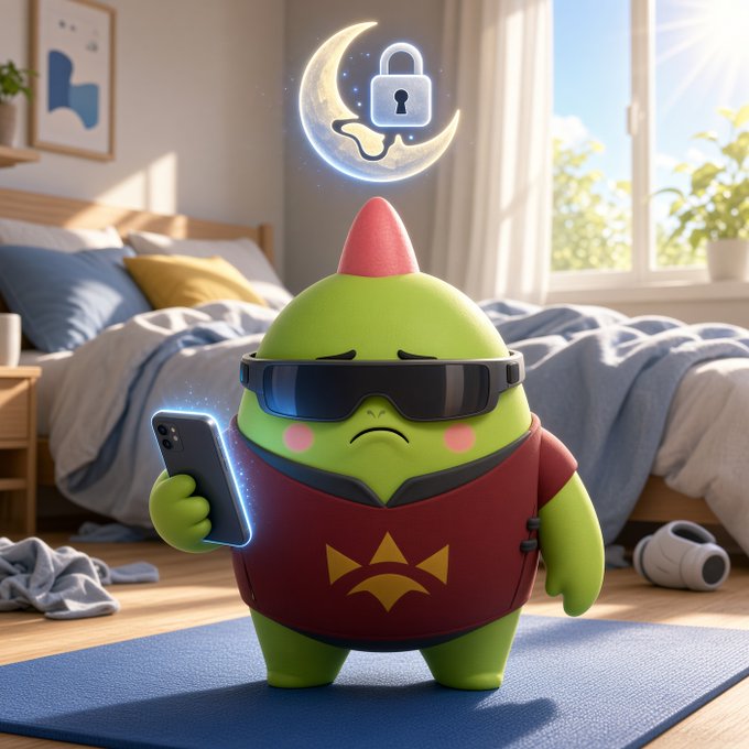 A 3D-rendered green cartoon character wearing sunglasses and a red shirt holds a smartphone, standing in a bedroom with a moon-shaped lock icon glowing above its head.
