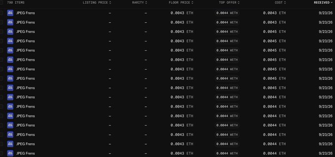 A dark interface displaying a list of 'JPEG Frens' NFT items with listing prices and floor prices around 0.0043 ETH to 0.0044 ETH, all dated 9/23/26.