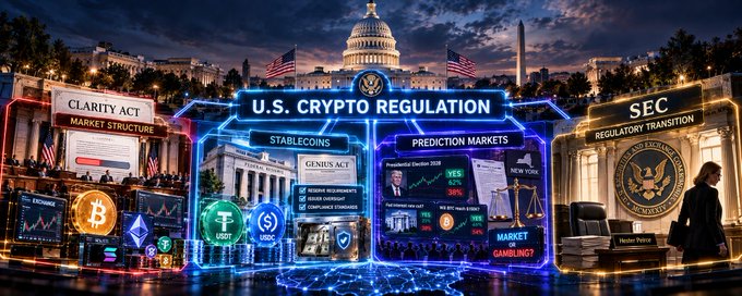 A futuristic graphic about 'U.S. CRYPTO REGULATION' featuring the U.S. Capitol and White House, with sections labeled 'CLARITY ACT', 'STABLECOINS', 'PREDICTION MARKETS', and 'SEC', along with cryptocurrency symbols like Bitcoin (BTC), Tether (USDT), and a YES/NO prediction market indicator showing 62%/38%.