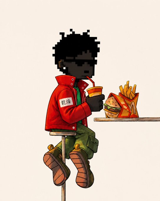 An anime-style digital illustration of a pixel-haired character in a red jacket with '乾燥' (dry/preserved) on the sleeve, sitting on a stool drinking from a cup beside McDonald's fries and a burger.